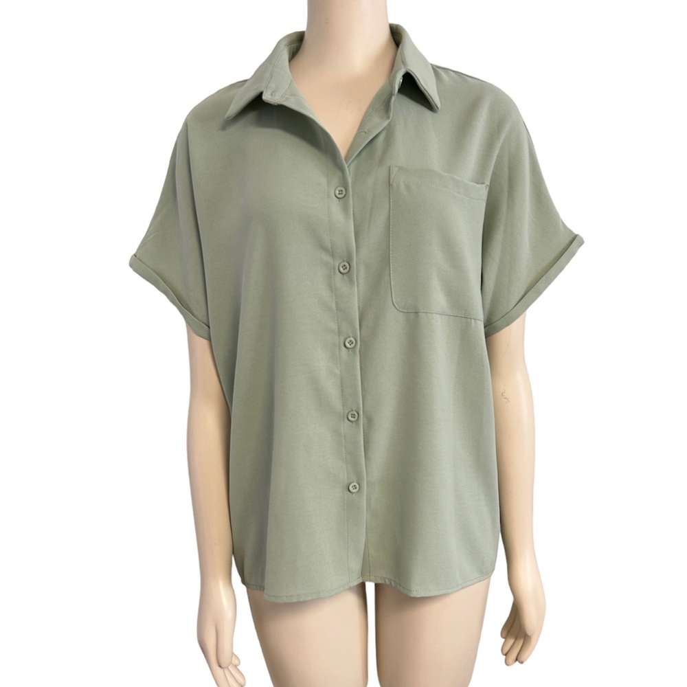 Shein Sage Green Button‎ Short Sleeve Shirt Womens Small Loose Fit.